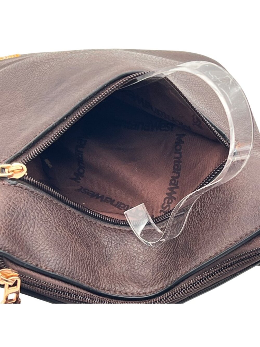 Montana West Brown Faux Leather Crossbody Bag Gold Accents Zippered Compartments - Picture 5 of 14